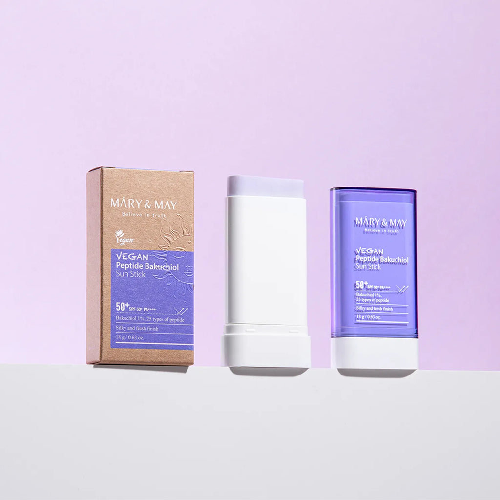 Mary & May Vegan Peptide Bakuchiol Sun Stick box and cap