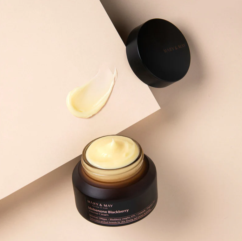 Mary & May Idebenone Blackberry Intense Cream open jar and texture